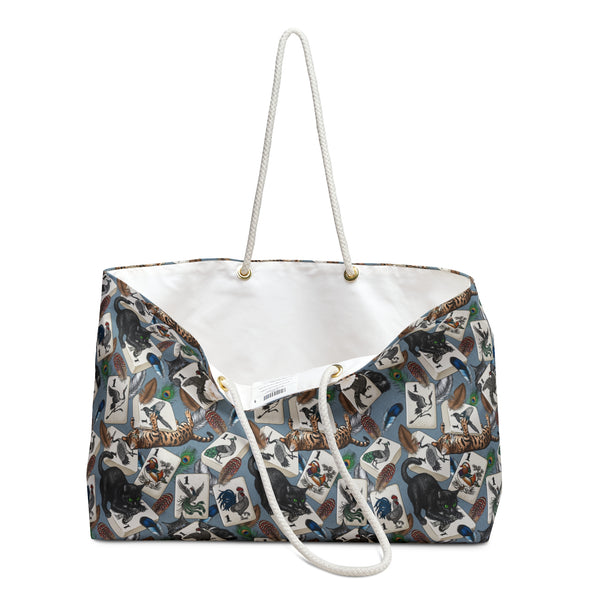 Tote bag with animal pattern on a white background with lining showing