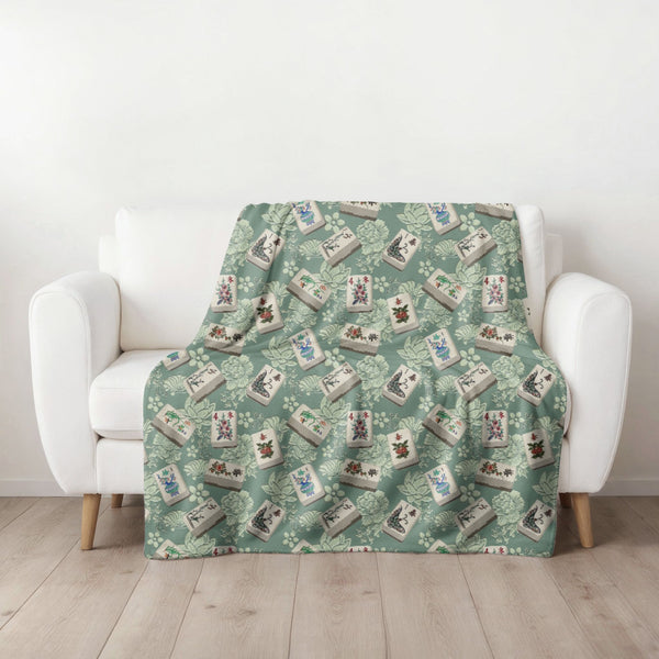 Bone and Bamboo Mahjong Flowers Blanket on Green