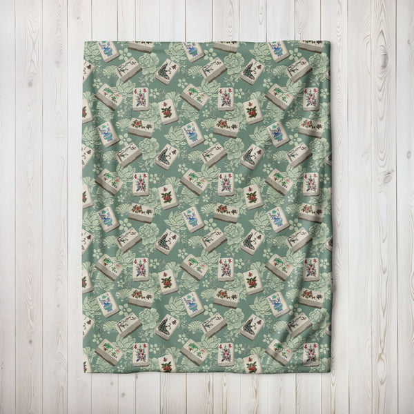 Bone and Bamboo Mahjong Flowers Blanket on Green