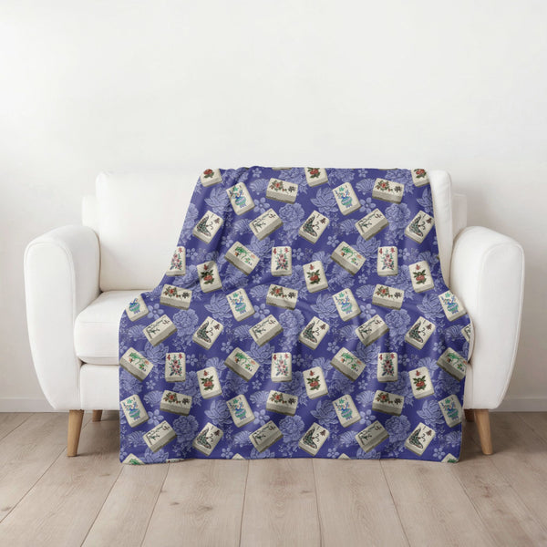 Bone and Bamboo Flower Tiles Blanket on Blue