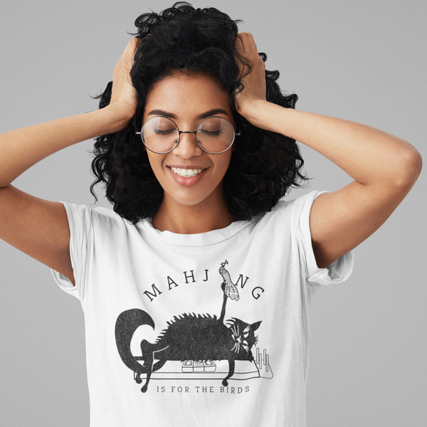 "Mahjong is for the Birds" Black Fluffy Cat