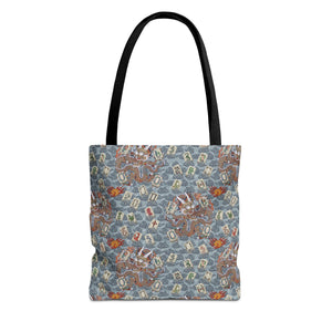 Retro Dragon with Fire Tote Bag design featuring what appears to be a traditional Chinese dragon pattern on a blue background.