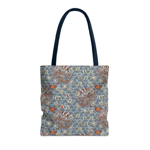 Retro Dragon with Fire Tote Bag pattern on a plain background
