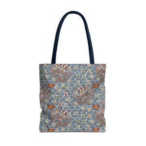 Retro Dragon with Fire Tote Bag pattern on a white background