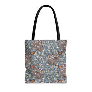 Retro Dragon with Fire Tote Bag design featuring what appears to be a traditional Chinese dragon pattern on a blue background.