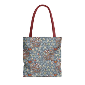 Retro Dragon with Fire Tote Bag design featuring what appears to be a traditional Chinese dragon pattern on a blue background.