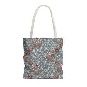 Retro Dragon with Fire Tote Bag design featuring what appears to be a traditional Chinese dragon pattern on a blue background.