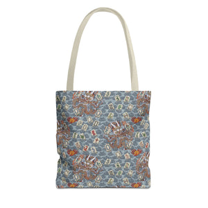 Retro Dragon with Fire Tote Bag design featuring what appears to be a traditional Chinese dragon pattern on a blue background.