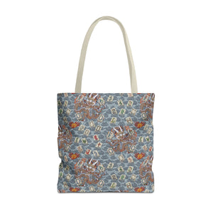 Retro Dragon with Fire Tote Bag pattern on a white background