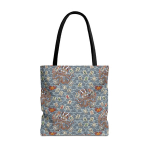 Retro Dragon with Fire Tote Bag design featuring what appears to be a traditional Chinese dragon pattern on a blue background.