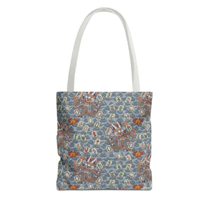 Retro Dragon with Fire Tote Bag design featuring what appears to be a traditional Chinese dragon pattern on a blue background.