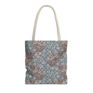 Retro Dragon with Fire Tote Bag pattern on a white background