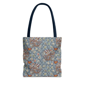 Retro Dragon with Fire Tote Bag pattern on a white background